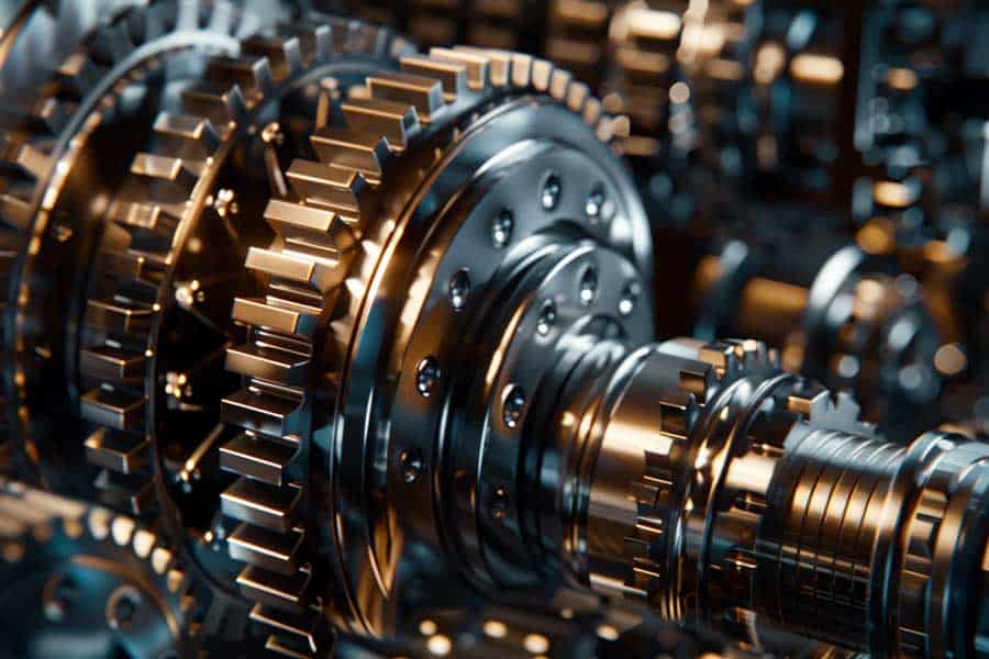 Close-up of interlocking metallic gears inside a precision gearbox in an industrial machine.